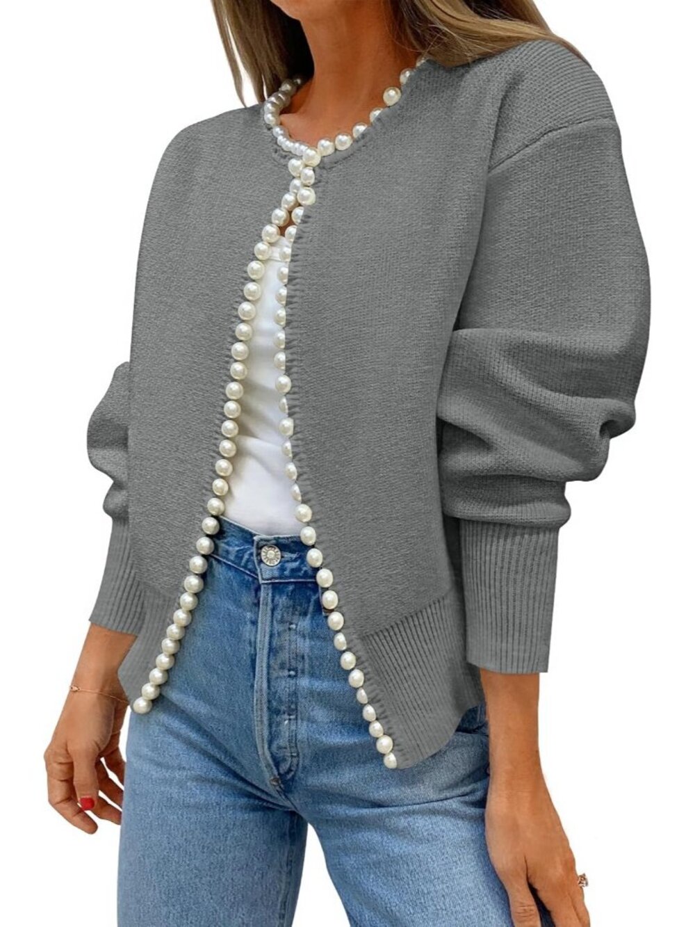 Women’s Grey Pearl Trim Open Front Long Sleeve Knit Coat Cardigan Sweater